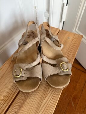 Dansko Taupe Leather Ankle-Strap Sandals with Gold Buckles